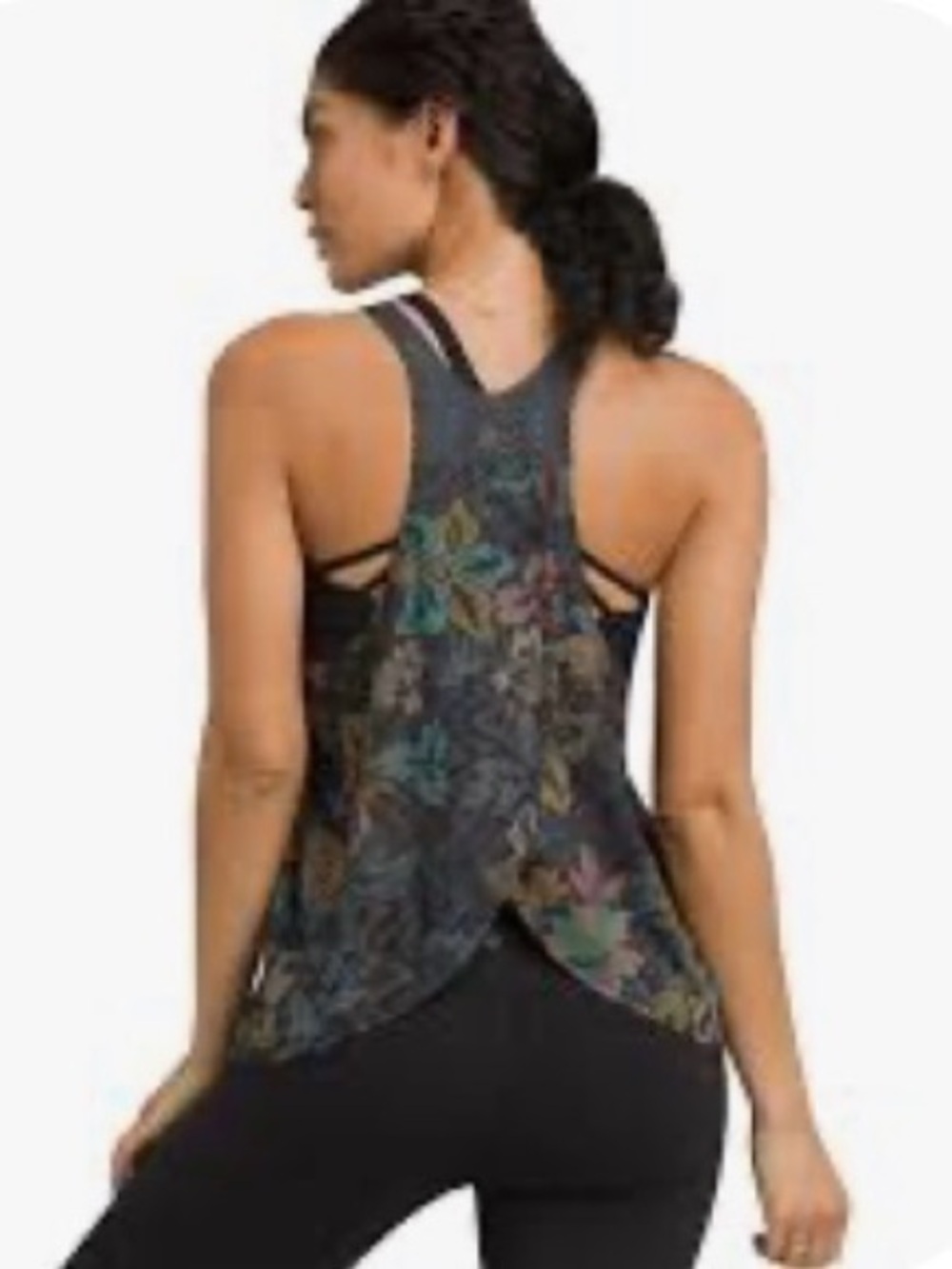 PrAna “Valentina” Black Floral Open-backed Tank Top Size XL